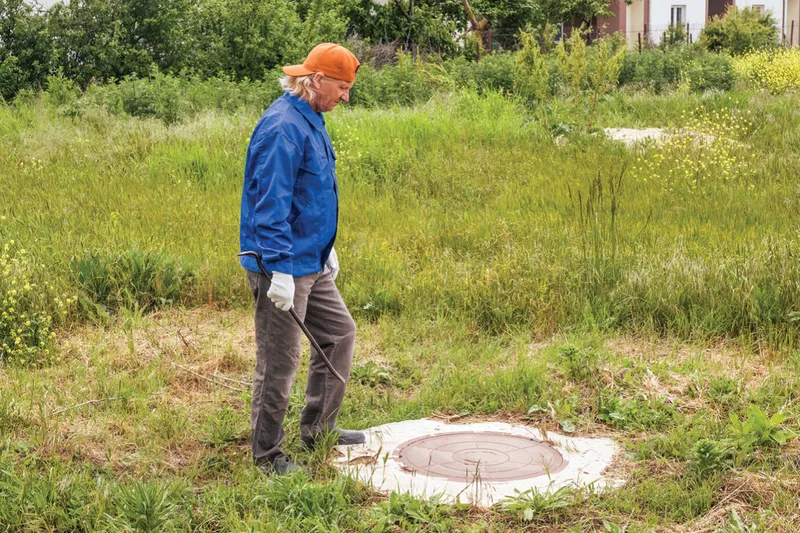 Septic service technician inspecting a septic tank lid