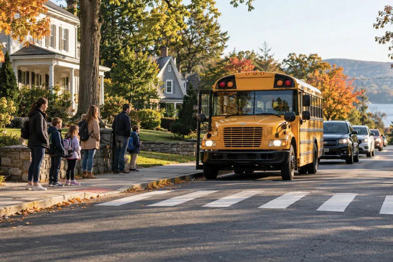 School bus stopped with red lights flashing as children wait safely on a Hudson Valley sidewalk.